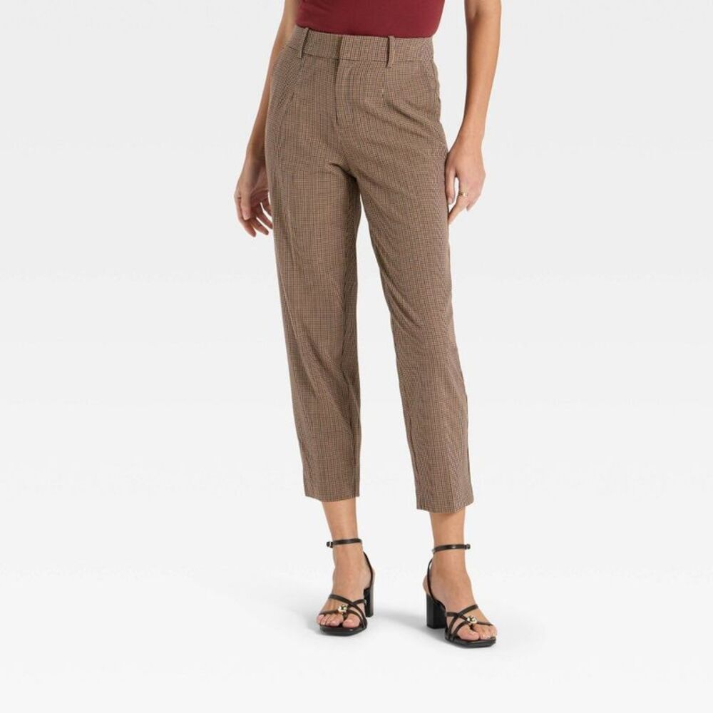 Women's Tapered Ankle Pants - A New Day Brown Plaid 12